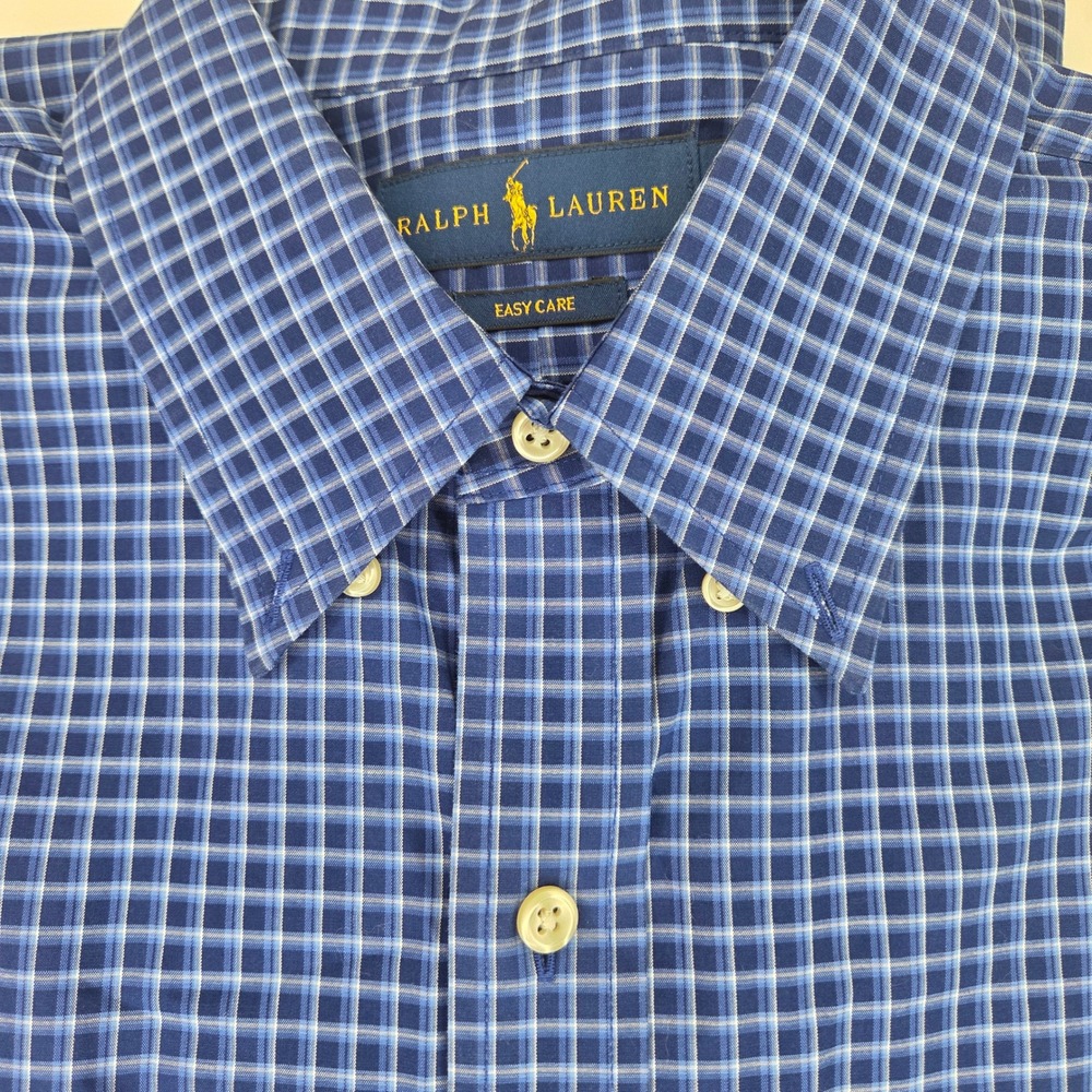 Ralph Lauren Mens Blue Plaid Easy Care Button Down Shirt Large Long Sleeve Pony